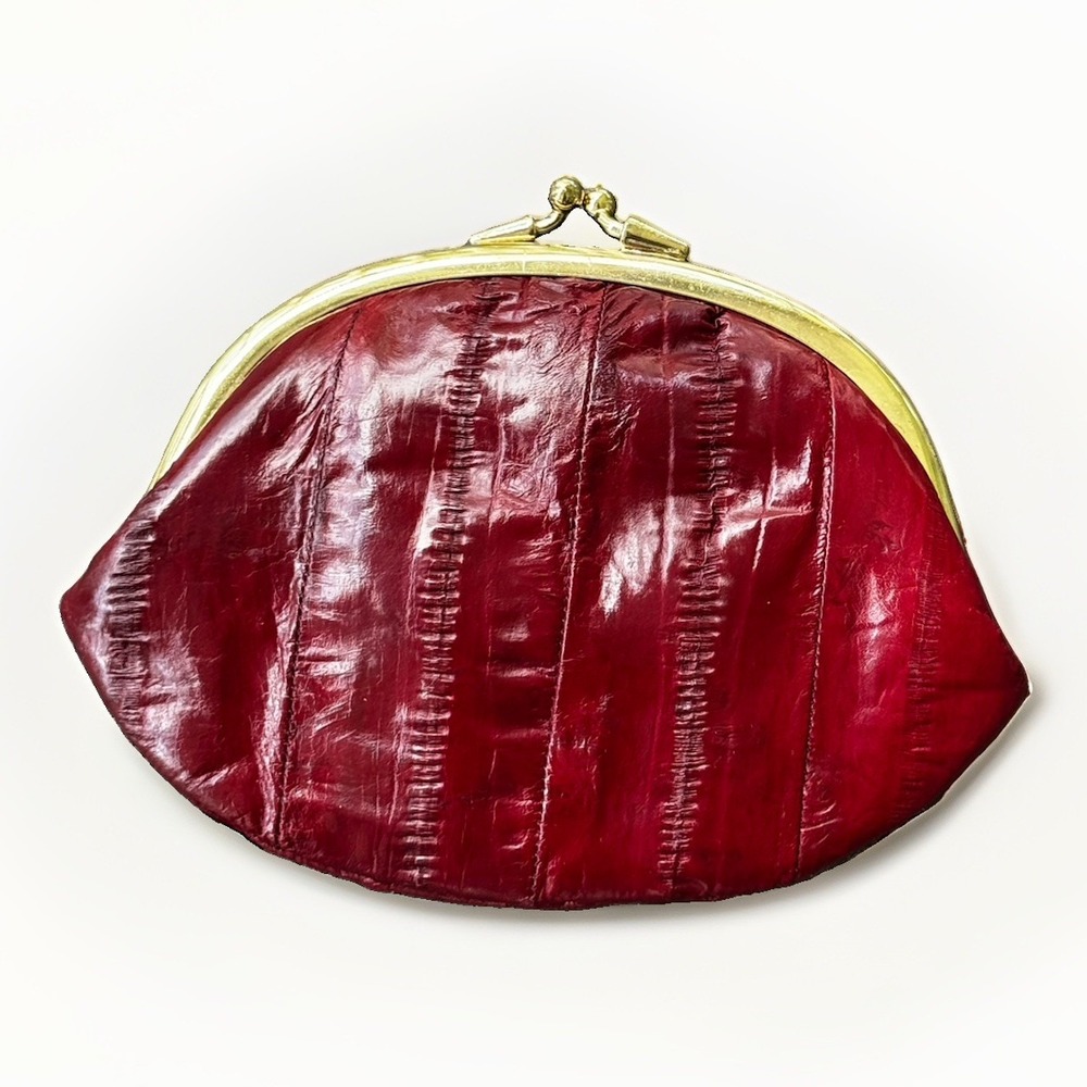 New 80's Vintage Red Eel Skin Coin Purse Wallet Double Kiss Lock  Made in Korea